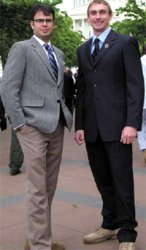 Sean O’Keefe and John McCleland, GS student-veterans, sport their army boots in Washington, D.C., to lobby for the Yellow Ribbon program. [Image credit: Sean O’Keefe]